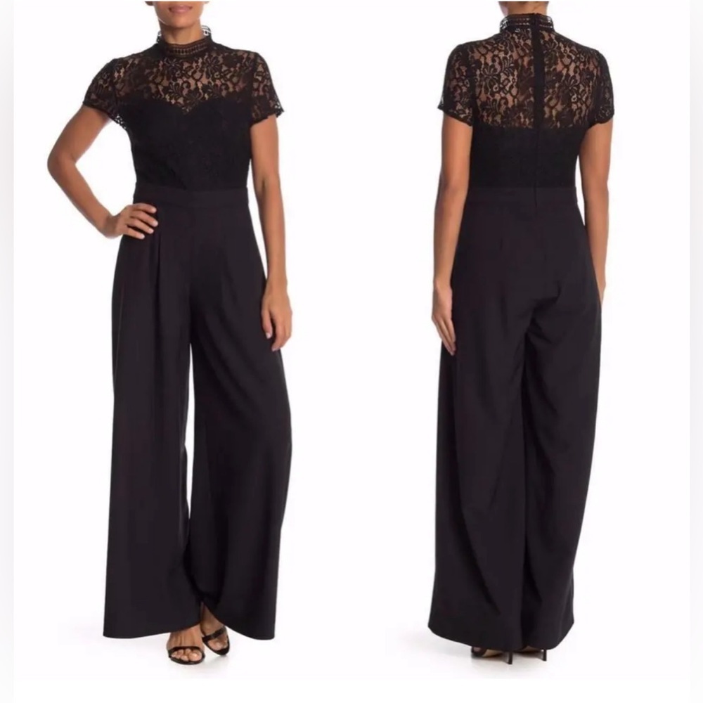 NEW ONE ONE SIX RED VICTORIAN Mock Neck LACE TRIM Wide Leg JUMPSUIT XS